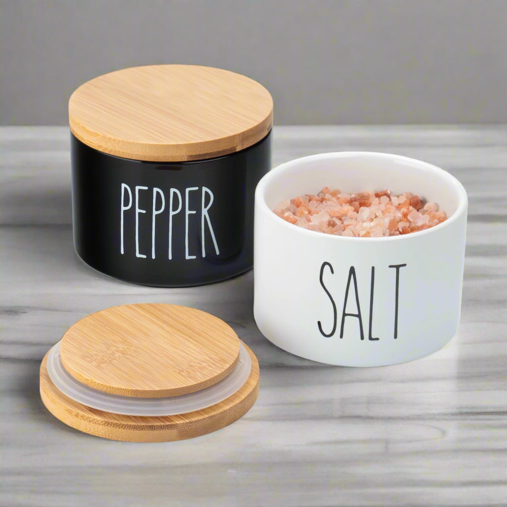 Ceramic Salt & Pepper Cellar Set with Bamboo Lids