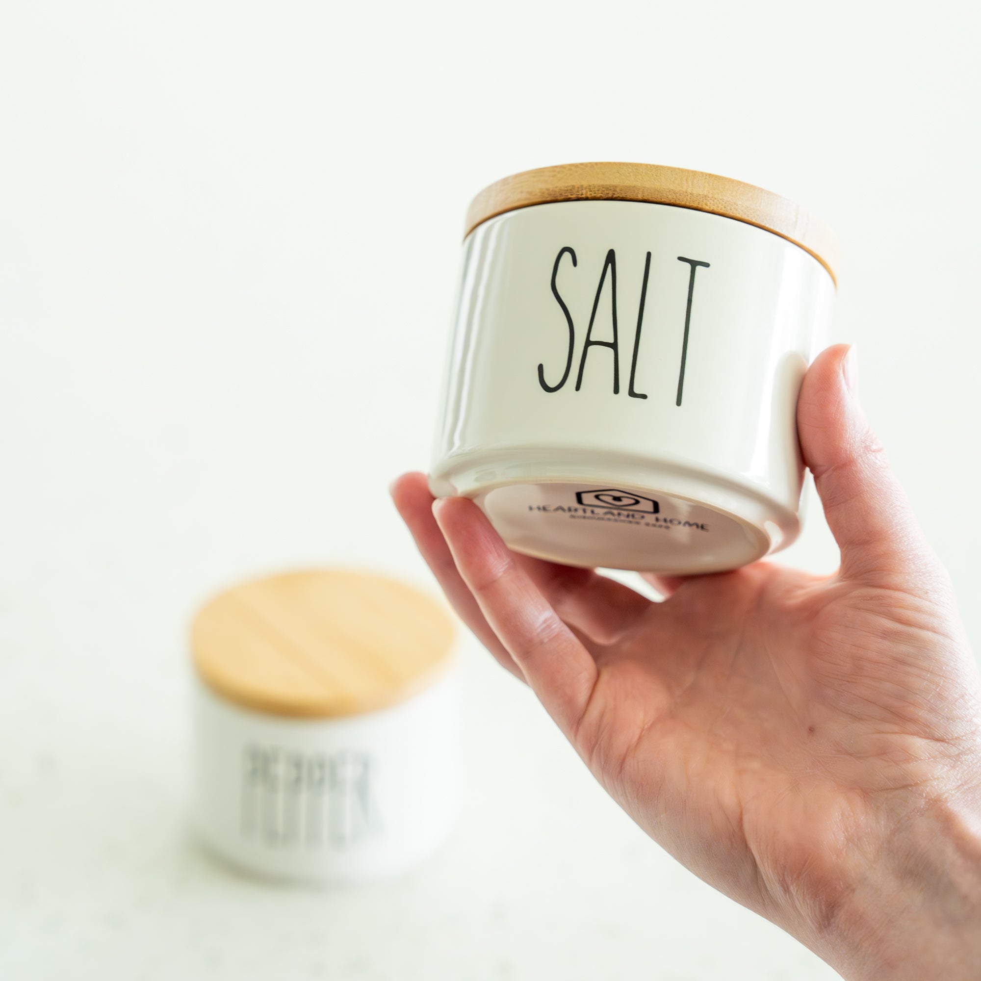 White Ceramic Salt and Pepper Cellar Set with Bamboo Lids