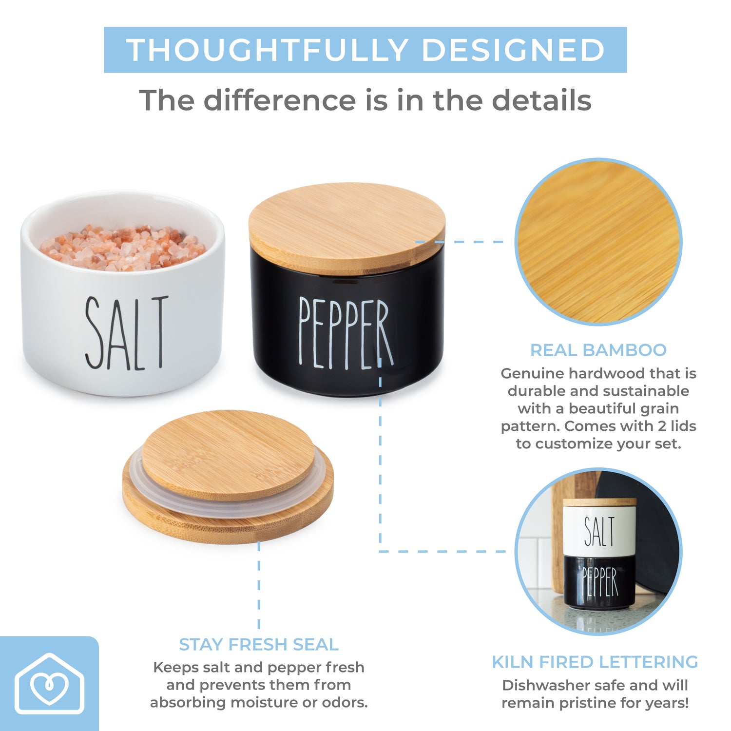 Ceramic Salt & Pepper Cellar Set with Bamboo Lids