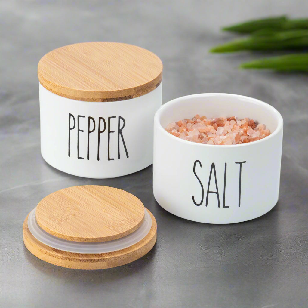 White Ceramic Salt and Pepper Cellar Set with Bamboo Lids