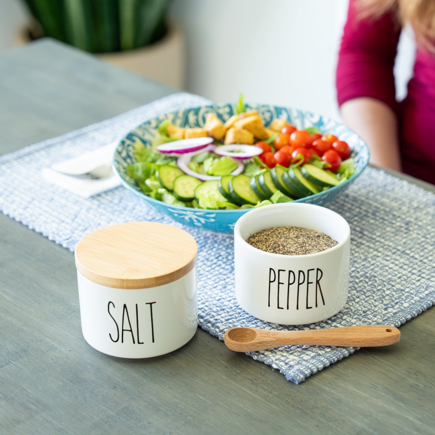 White Ceramic Salt and Pepper Cellar Set with Bamboo Lids