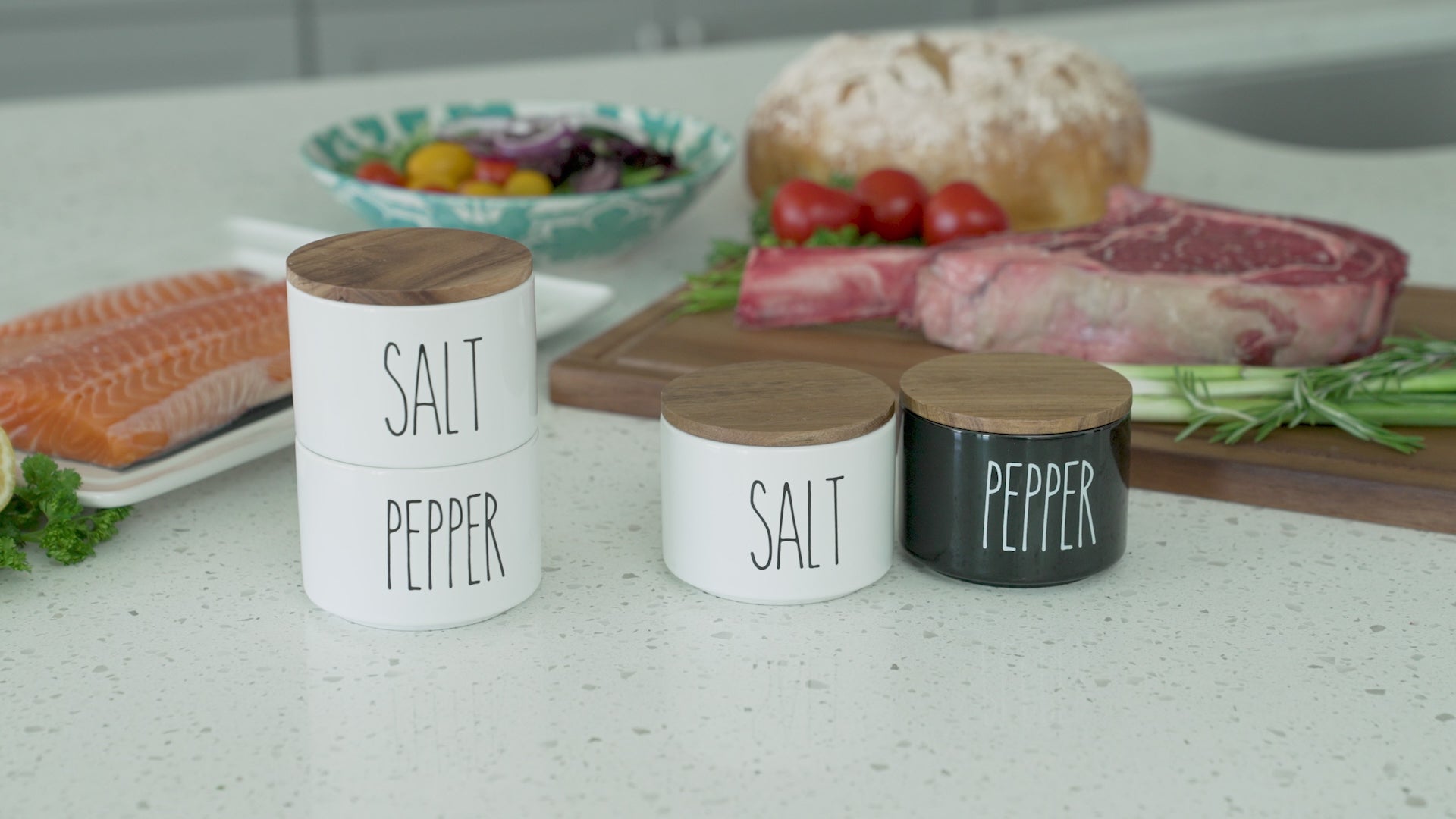 White Ceramic Salt and Pepper Cellar Set with Acacia Wood Lid