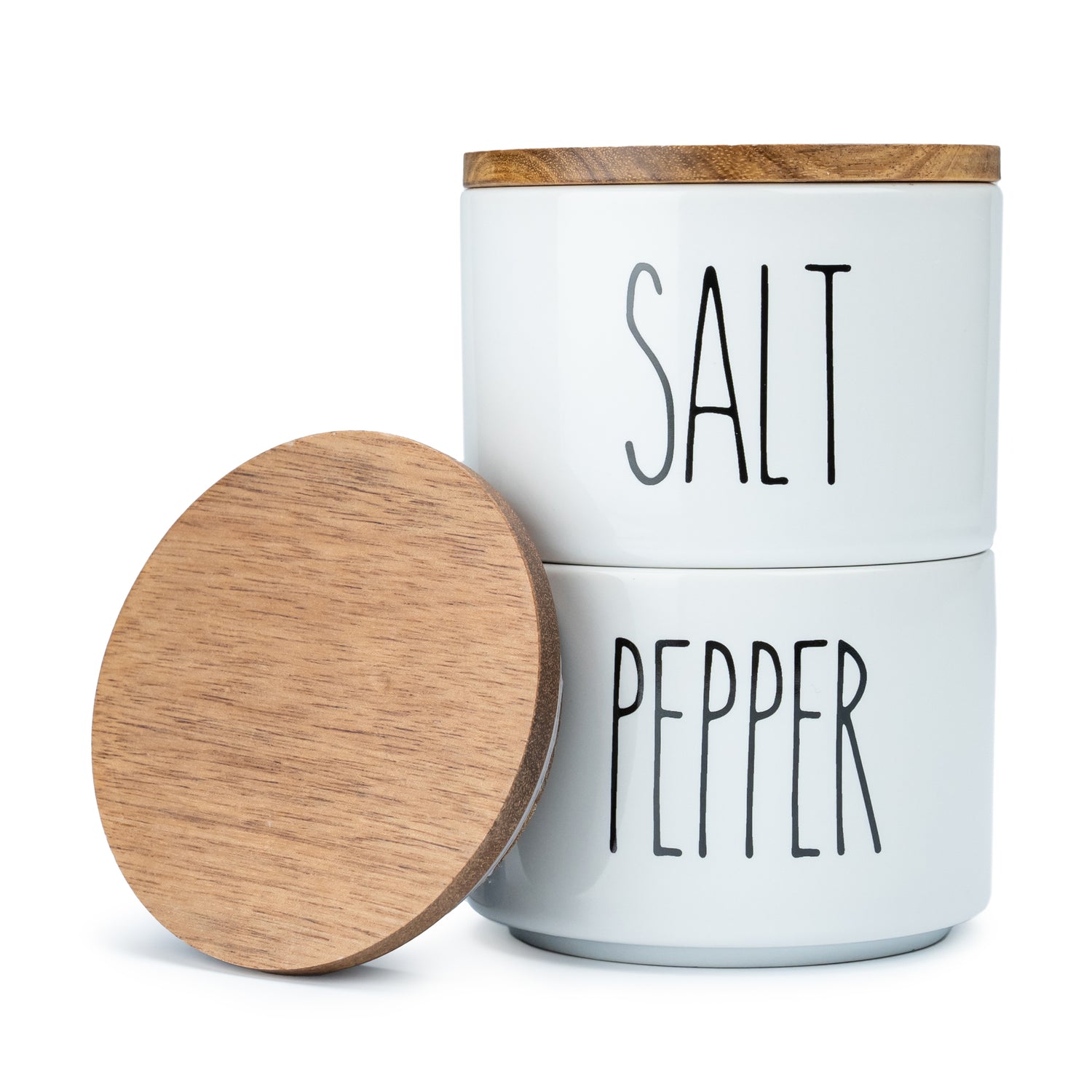 White Ceramic Salt and Pepper Cellar Set with Acacia Wood Lid