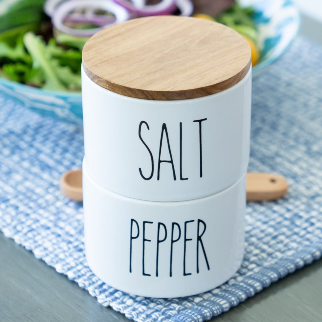 White Ceramic Salt and Pepper Cellar Set with Acacia Wood Lid